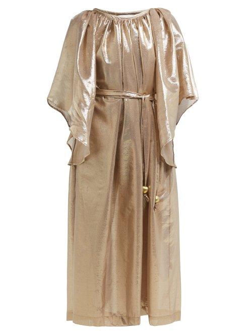 Matchesfashion.com Lisa Marie Fernandez - Angel Sleeve Belted Cotton Blend Dress - Womens - Gold Multi