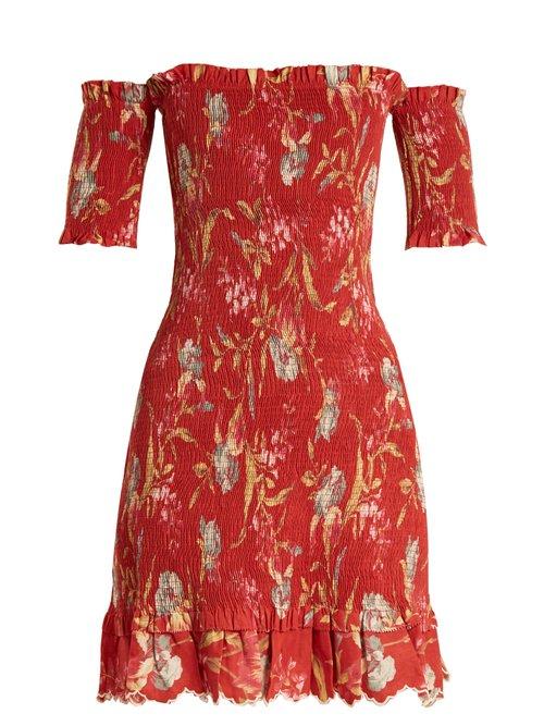 Matchesfashion.com Zimmermann - Corsair Iris Shirred Linen And Cotton Blend Dress - Womens - Red Multi