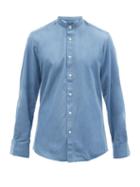 Matchesfashion.com Frescobol Carioca - Stand-collar Cotton-blend Chambray Shirt - Mens - Blue
