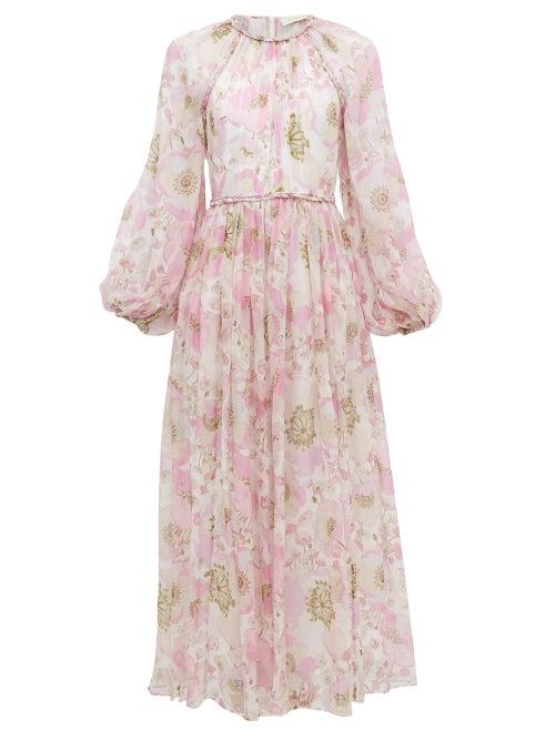 Matchesfashion.com Zimmermann - Super Eight Braid-trimmed Silk-chiffon Dress - Womens - Pink Print