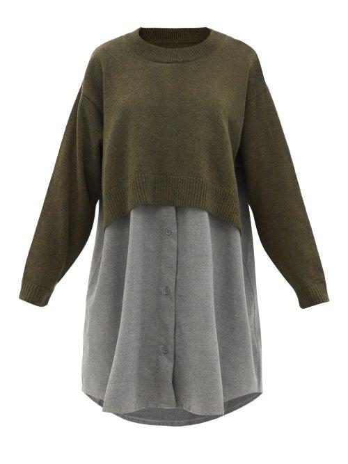 Ladies Rtw Mm6 Maison Margiela - Sweater-panel Wool-blend Shirt Dress - Womens - Khaki