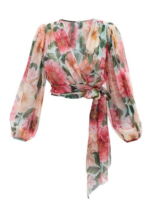 Matchesfashion.com Dolce & Gabbana - Camelia Floral-print Silk Wrap Blouse - Womens - Pink Print