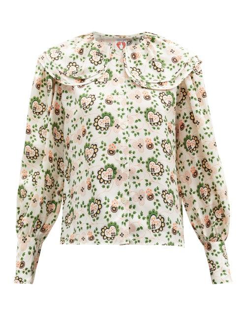 Matchesfashion.com Shrimps - Amelia Heart-print Collared Silk-crepe Blouse - Womens - White Multi