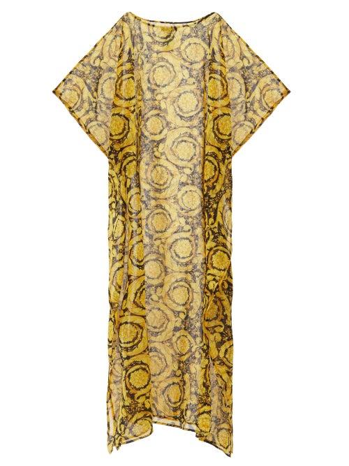 Ladies Beachwear Versace - Baroque-print Silk-georgette Kaftan - Womens - Yellow Multi