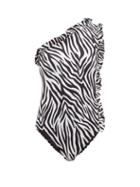 Matchesfashion.com Leslie Amon - Tami Ruffled Zebra Print One Shoulder Swimsuit - Womens - Black White