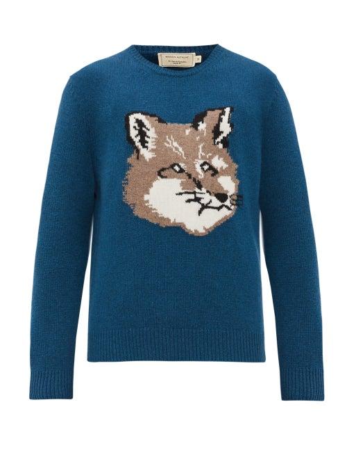Matchesfashion.com Maison Kitsun - Fox Head Wool Sweater - Mens - Mid Blue