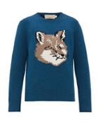 Matchesfashion.com Maison Kitsun - Fox Head Wool Sweater - Mens - Mid Blue