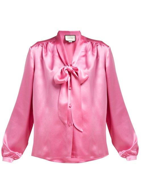 Matchesfashion.com Gucci - Tie Neck Silk Satin Blouse - Womens - Pink