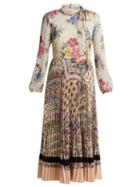 Matchesfashion.com Redvalentino - Pleated Floral Print Chiffon And Crepe Dress - Womens - Cream Multi