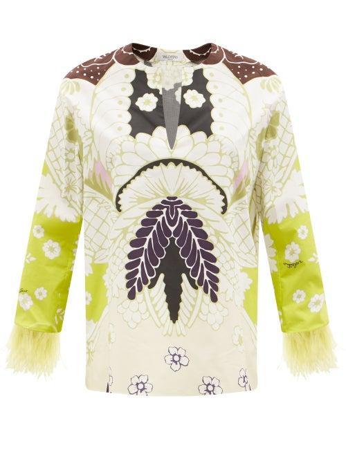 Matchesfashion.com Valentino - Feather-trimmed Arazzo-print Cotton-poplin Blouse - Womens - Green Print