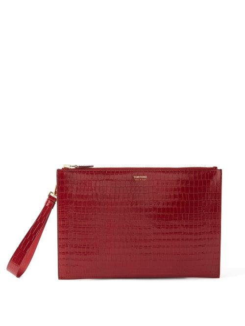 Tom Ford - Crocodile-effect Leather Pouch - Mens - Dark Red