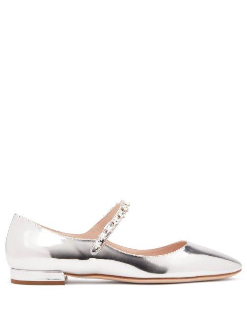 Matchesfashion.com Miu Miu - Crystal Embellished Patent Leather Mary Jane Flats - Womens - Silver