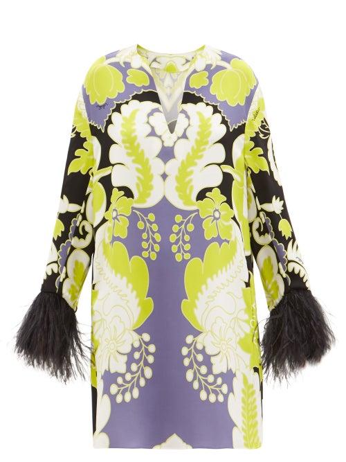 Matchesfashion.com Valentino - Feather-trimmed Arazzo-print Silk-cady Mini Dress - Womens - Green Print