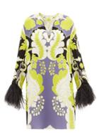 Matchesfashion.com Valentino - Feather-trimmed Arazzo-print Silk-cady Mini Dress - Womens - Green Print