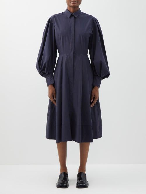 Another Tomorrow - Balloon-sleeve Organic-cotton Poplin Shirt Dress - Womens - Navy