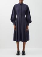 Another Tomorrow - Balloon-sleeve Organic-cotton Poplin Shirt Dress - Womens - Navy