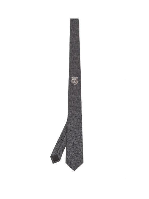 Matchesfashion.com Gucci - Tiger Embroidered Silk Blend Tie - Mens - Grey Multi