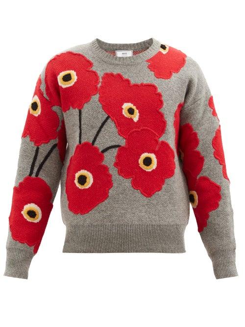 Matchesfashion.com Ami - Embroidered Poppy-jacquard Wool Sweater - Mens - Red Multi