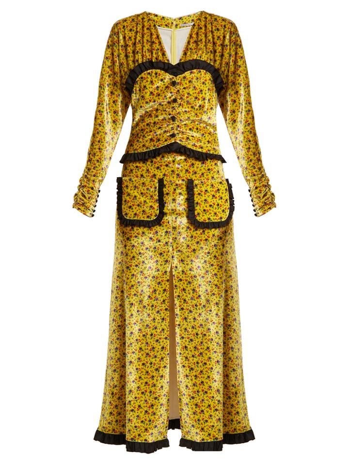 Alessandra Rich Floral-print Ruffle-trimmed Velvet Dress