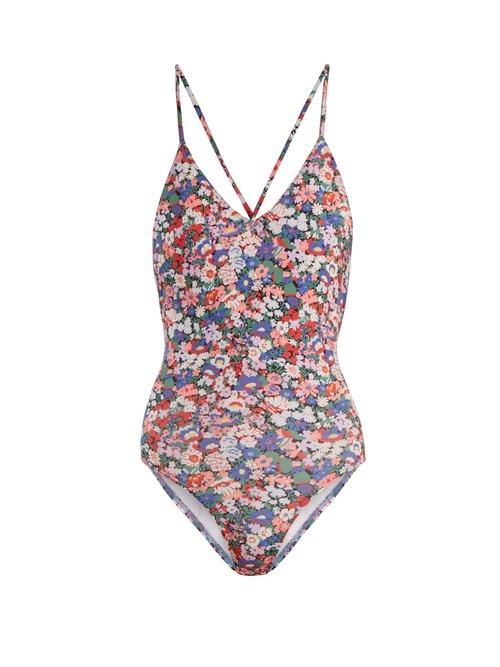 Matchesfashion.com Ephemera - Liberty Classic Laced Back V Neck Swimsuit - Womens - Blue Multi