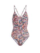 Matchesfashion.com Ephemera - Liberty Classic Laced Back V Neck Swimsuit - Womens - Blue Multi