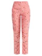 Matchesfashion.com Jupe By Jackie - Floral Embroidered Slim Leg Silk Velvet Trousers - Womens - Pink