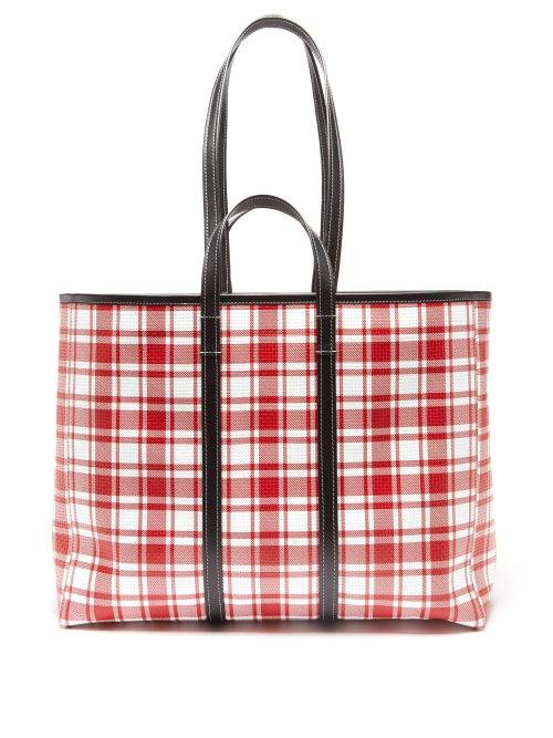 Balenciaga - Barbes Checked Woven-leather Tote Bag - Womens - Red Multi