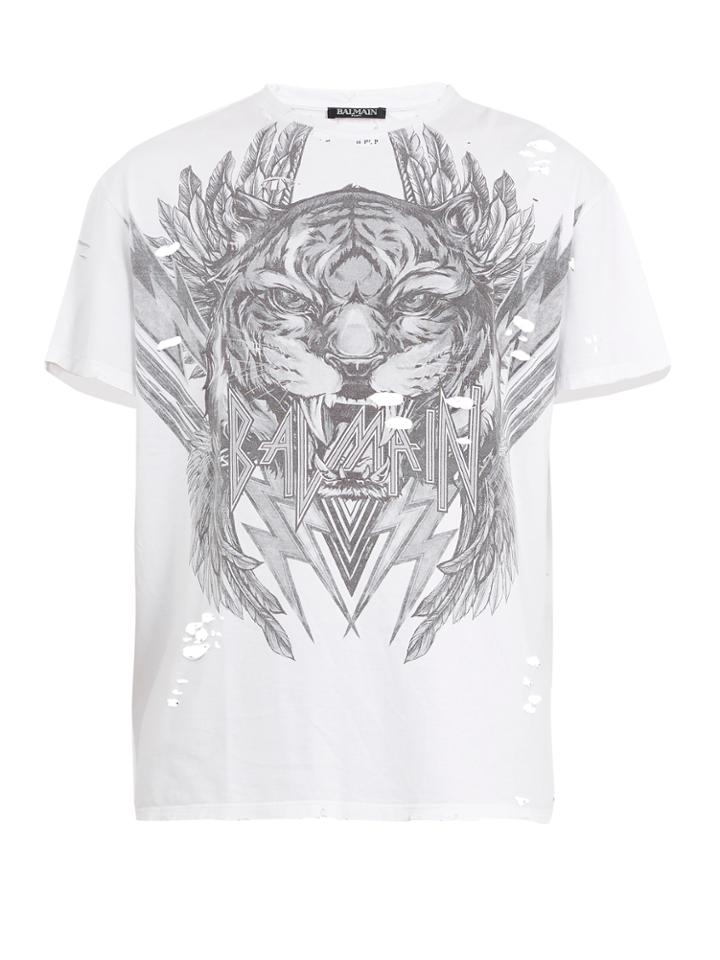 Balmain Distressed Tiger-print Cotton T-shirt