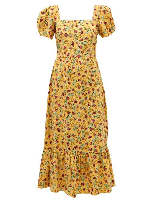 Matchesfashion.com Hvn - Fromer Fruit-print Cotton-blend Long Dress - Womens - Yellow Print