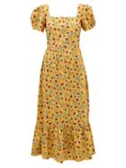 Matchesfashion.com Hvn - Fromer Fruit-print Cotton-blend Long Dress - Womens - Yellow Print