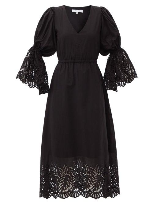 Matchesfashion.com Lug Von Siga - Ariana V-neck Broderie Anglaise Cotton-blend Dress - Womens - Black