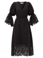 Matchesfashion.com Lug Von Siga - Ariana V-neck Broderie Anglaise Cotton-blend Dress - Womens - Black