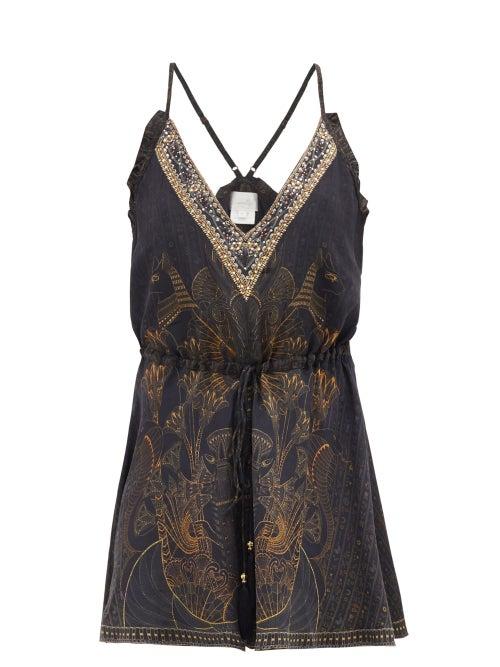 Matchesfashion.com Camilla - Hieroglyph-print V-neck Silk Playsuit - Womens - Black Print