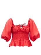 Ladies Beachwear Rhode - Jodie Puff-sleeve Shirred Cotton-poplin Top - Womens - Red