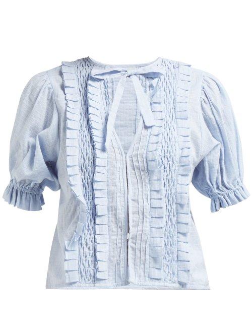 Matchesfashion.com Innika Choo - Ruffled Cotton Blouse - Womens - Light Blue