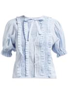 Matchesfashion.com Innika Choo - Ruffled Cotton Blouse - Womens - Light Blue