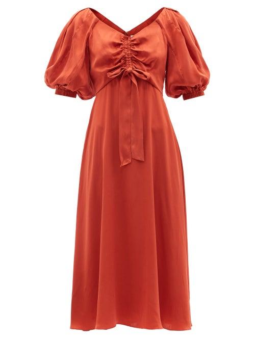 Zimmermann - Puff-sleeve Ruched Silk Midi Dress - Womens - Red