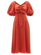Zimmermann - Puff-sleeve Ruched Silk Midi Dress - Womens - Red