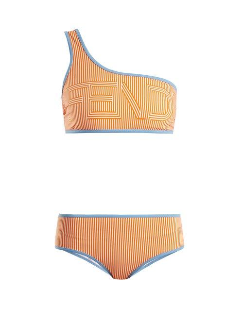 Matchesfashion.com Fendi - Striped One Shoulder Bikini Set - Womens - Orange