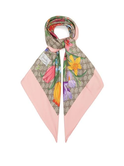 Gucci - Gg And Flora-print Silk Scarf - Womens - Beige Multi