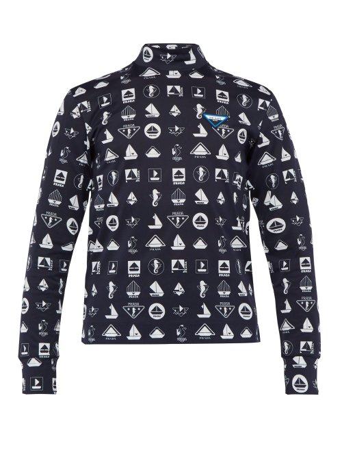 Matchesfashion.com Prada - Boat Print Long Sleeved T Shirt - Mens - Navy Multi