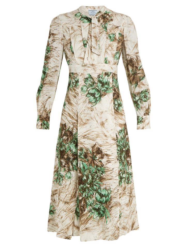 Prada Abstract-print Tie-neck Crepe Midi Dress
