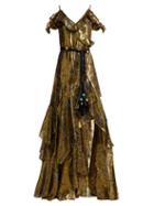 Matchesfashion.com Peter Pilotto - Off The Shoulder Silk Blend Lam Dress - Womens - Gold
