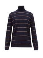 Matchesfashion.com Brunello Cucinelli - Striped Wool Blend Roll Neck Sweater - Mens - Navy