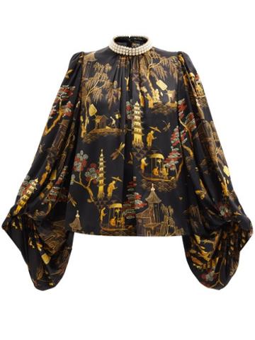 Andrew Gn - Coromandel-print Embellished Silk-blend Blouse - Womens - Black Gold
