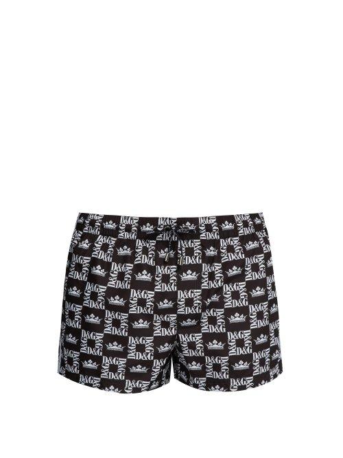 Matchesfashion.com Dolce & Gabbana - Check And Crown Print Mid Length Swim Shorts - Mens - Black