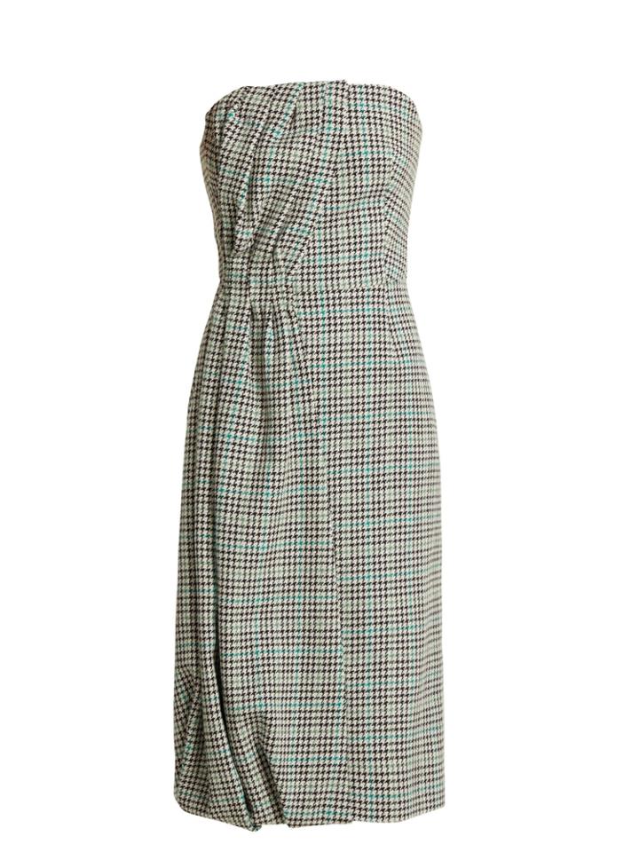 Prada Houndstooth Checked Wool-blend Strapless Dress