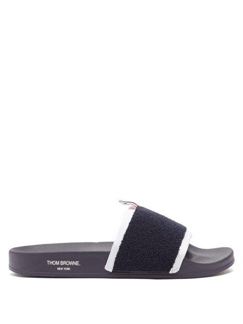 Matchesfashion.com Thom Browne - Tricolour-stripe Cotton-terry Slides - Mens - Navy