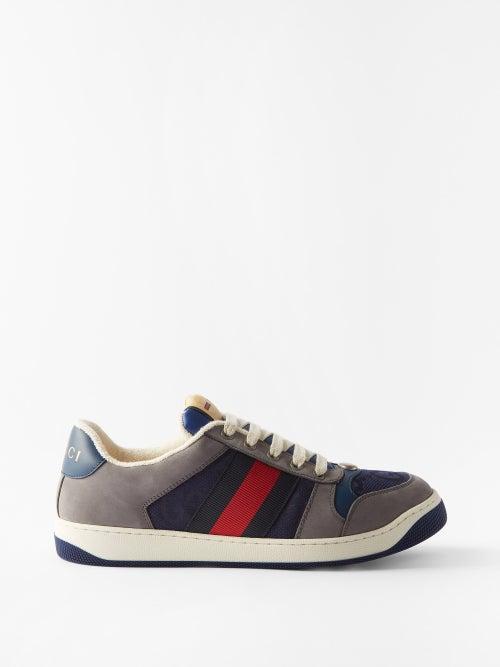 Gucci - Screener Web Stripe Perforated-leather Trainers - Mens - Grey Navy