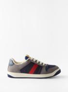 Gucci - Screener Web Stripe Perforated-leather Trainers - Mens - Grey Navy